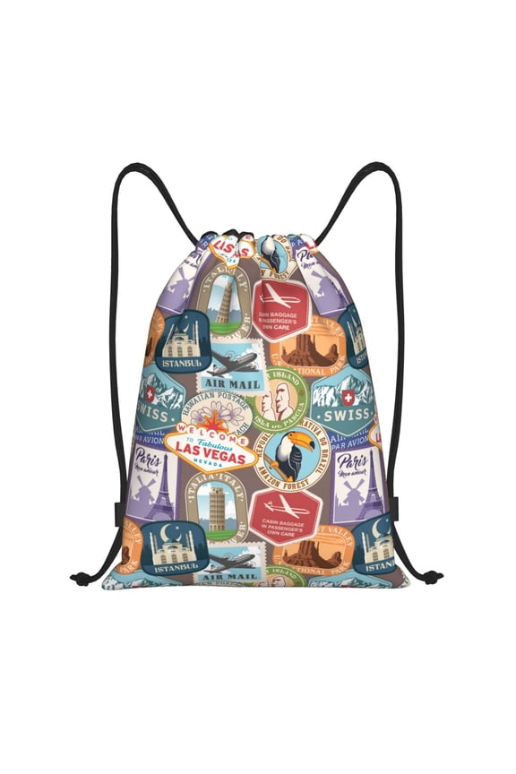 Drawstring Backpack - worlds Stamp Pattern Splash Proof Small Drawstring Gym Bag for Women Men, Cinch Sports String Bag Backpack for Travel Swimming Beach
