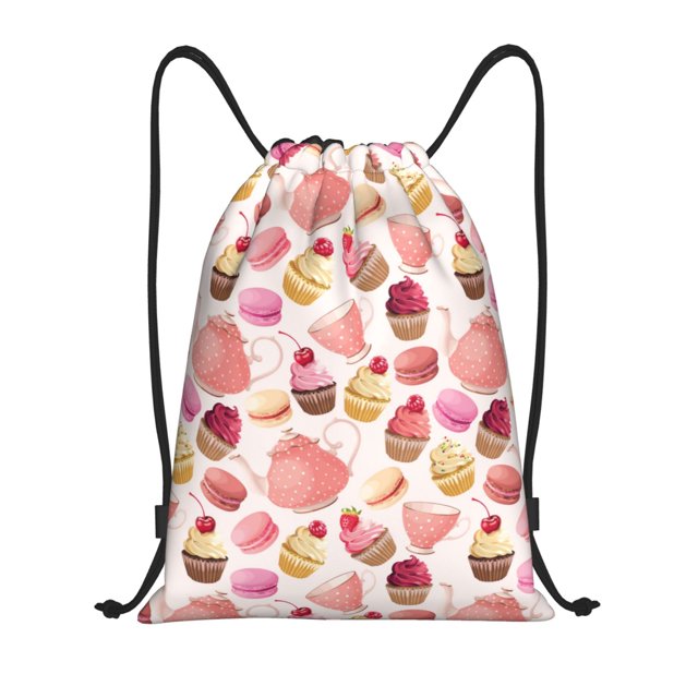 Drawstring Backpacks, Macaroon Cupcake Print Pink Draw String Gym Back