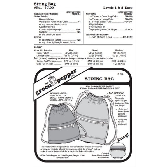 Drawstring Bag Bags Purses Knapsack #541 Sewing Pattern (Pattern Only)