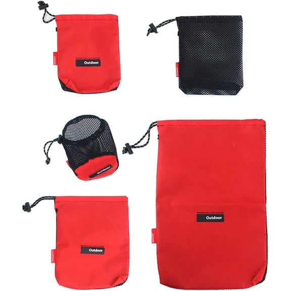 Drawstring Bags Pouch/Ditty Bag/Mesh Stuff Sack Camping Cord Bag Storage 5-in-1 Travel Use Nylon 5 Pieces (Red)