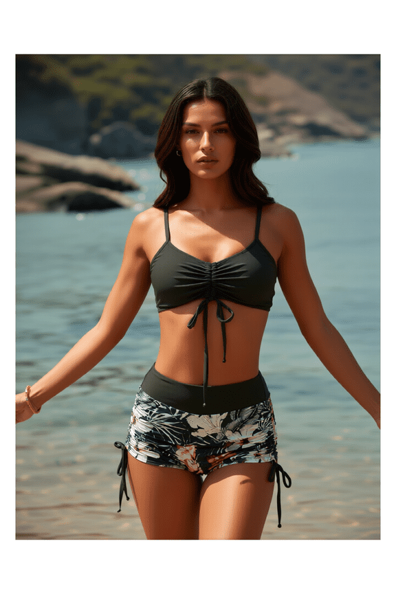 Drawstring Bikini Set High Waisted String Swimsuit Spaghetti Strap Cami Top Tie Side Shorts 2 Piece Bathing Suit for Women Teen Girls