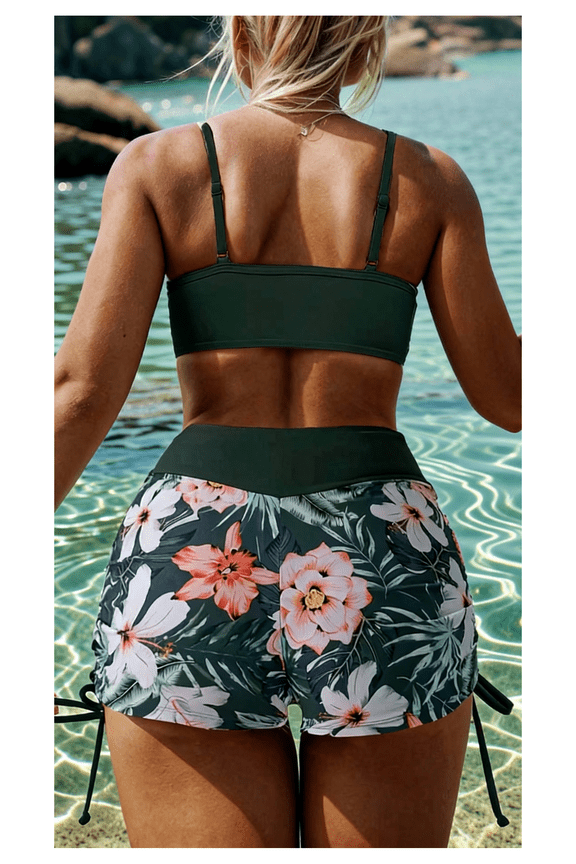 Drawstring Bikini Set High Waisted String Swimsuit Spaghetti Strap Cami Top Tie Side Shorts 2 Piece Bathing Suit for Women Teen Girls