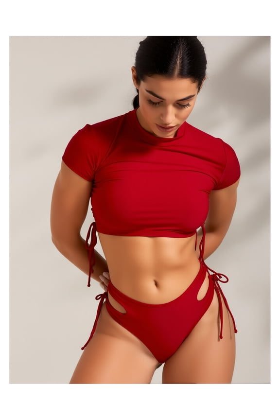 Drawstring Bikini Set String Swimsuit Short Sleeve Top Tie Side Bottom 2 Piece Swimwear for Women Teen Girls Bathing Suit