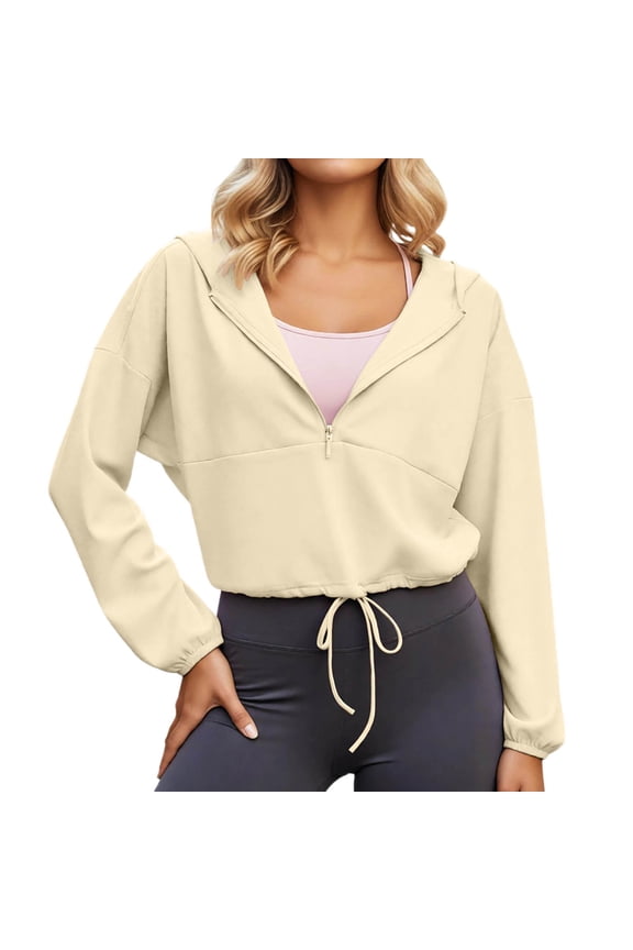 Drawstring Bottom Workout Jackets for Women Half Zip Sun Protection Pullover Cropped Workout Outdoor Tops with Pockets