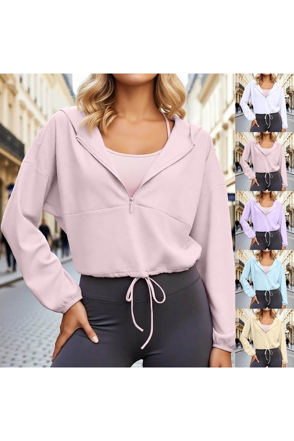 Drawstring Bottom Workout Jackets for Women Half Zip Sun Protection Pullover Cropped Workout Outdoor Tops with Pockets