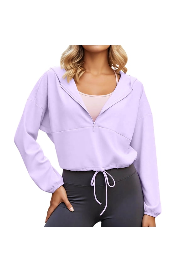 Drawstring Bottom Workout Jackets for Women Half Zip Sun Protection Pullover Cropped Workout Outdoor Tops with Pockets