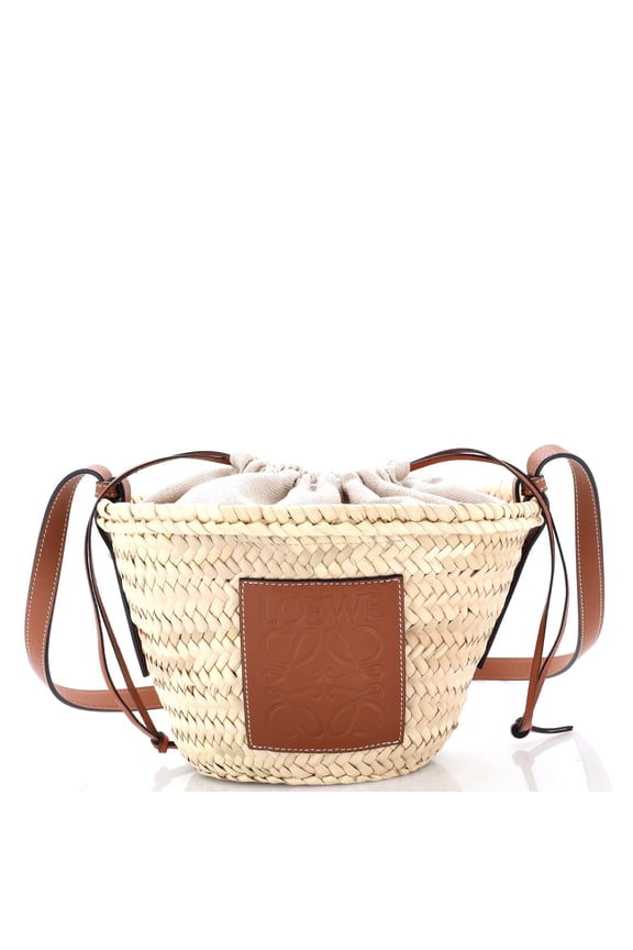 Drawstring Bucket Crossbody Bag Raffia and Leather By Rebag