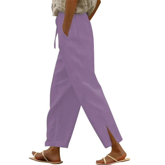 Husipze Drawstring Capri Pants Women Summer Casual Lightweight Wide Leg Cropped Cotton Linen Pants with Pockets Purple M