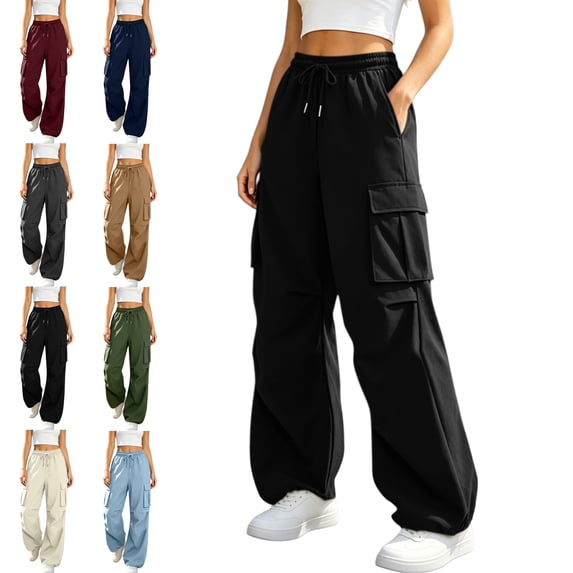 Drawstring Cargo Pants for Women Elastic Waist Multi Pocket Adjustable Ankle Casual Trendy Solid Joggers
