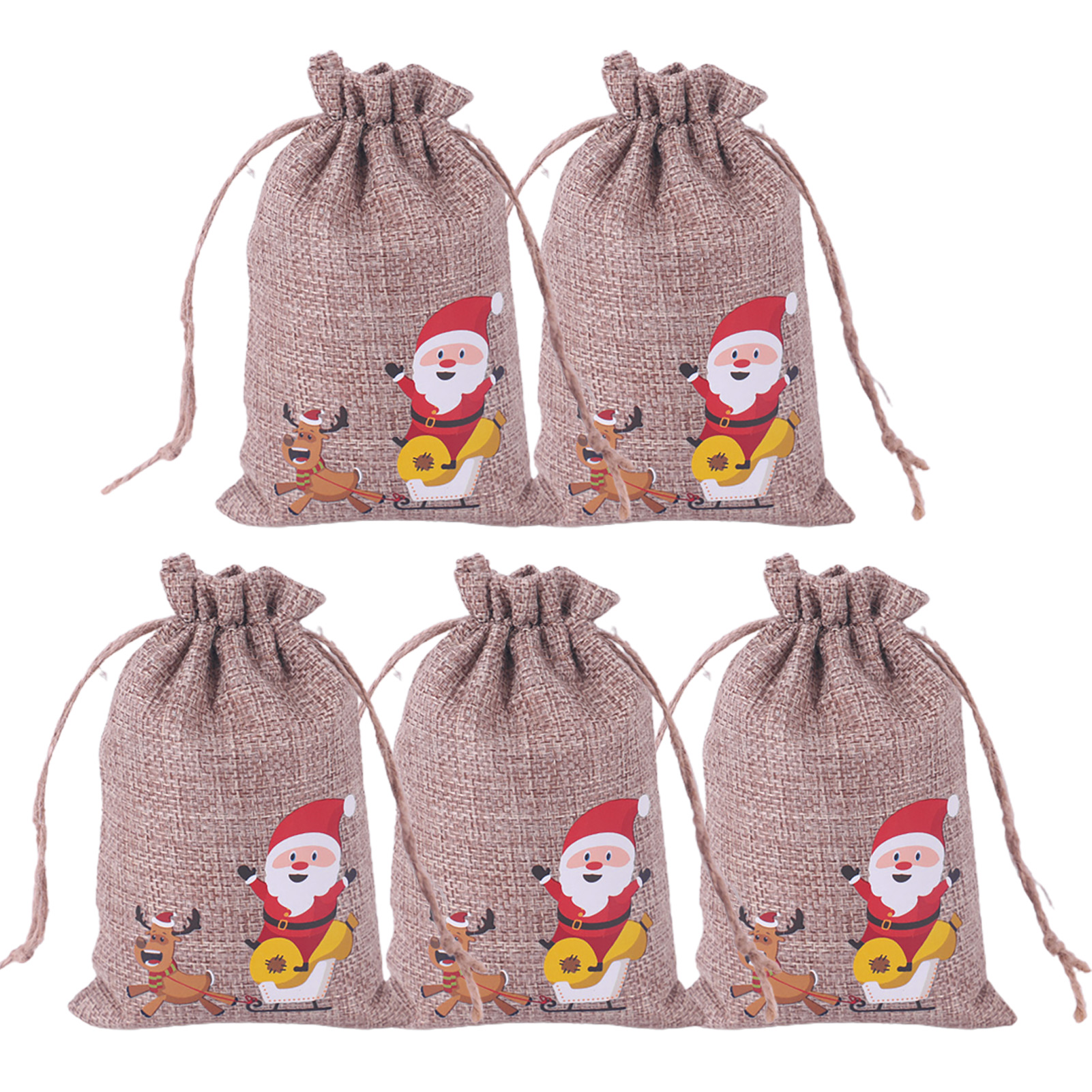 Drawstring Christmas Candy Pouches 5Pcs/Set Imitation Linen Tiny Jute