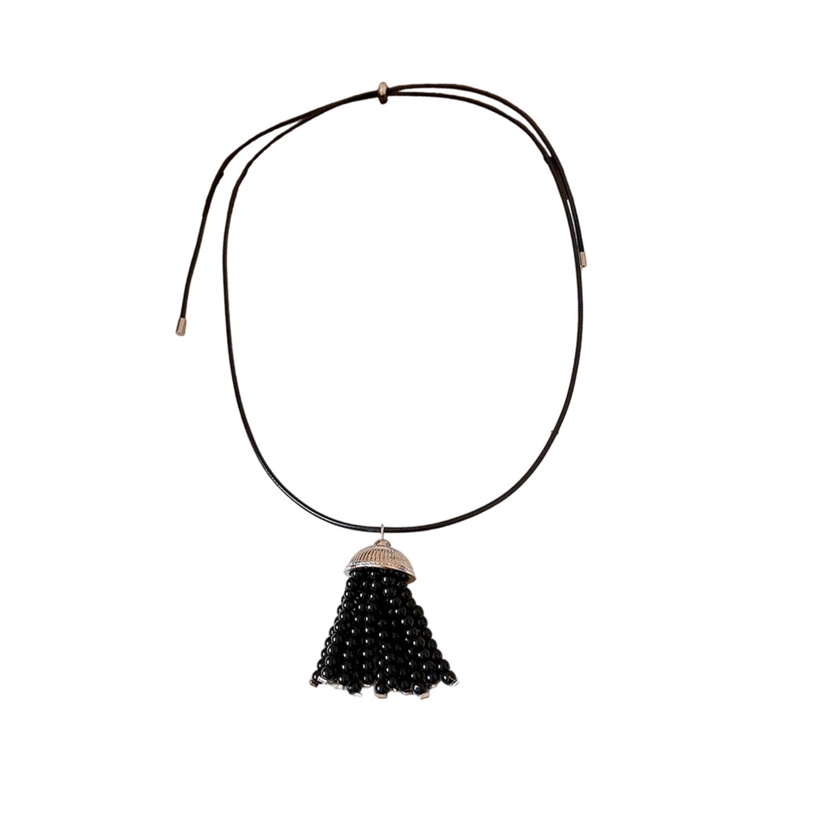 Drawstring Closure Beaded Fringe Necklace with Leather Design and ...