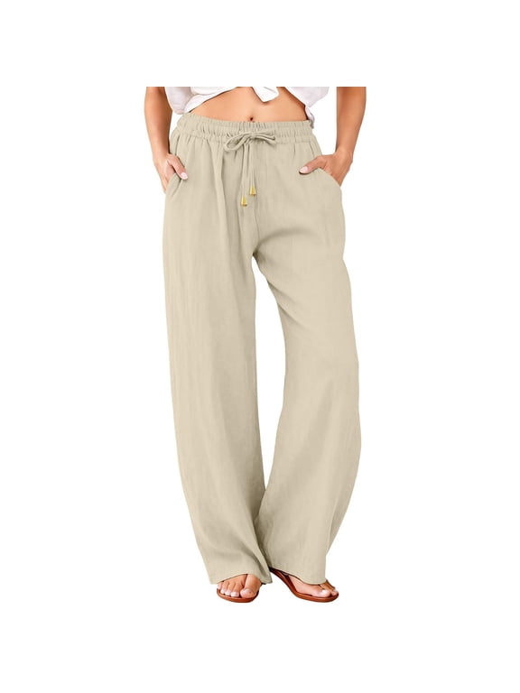Drawstring Cotton Linen Pants Flowy Gauze Wide Leg Beach Trousers Casual Summer Lightweight Boho Bottoms Beige L