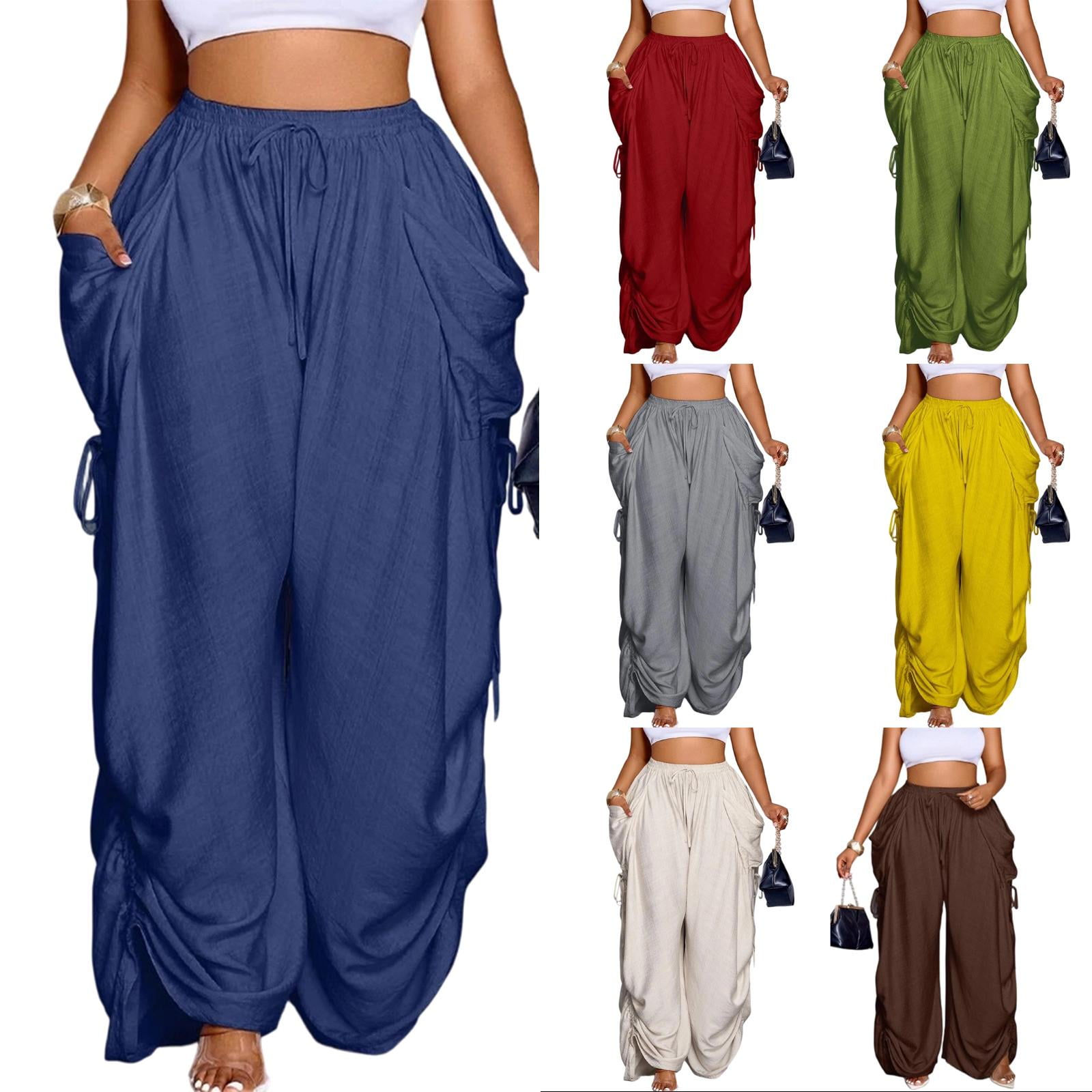 Drawstring Cotton Linen Pants for Women, High Waist Wide Leg Harem Trousers with Pockets - Breathable Loose Fit Boho Palazzo Pants Army Green L