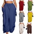 thumbnail image 1 of Drawstring Cotton Linen Pants for Women, High Waist Wide Leg Harem Trousers with Pockets - Breathable Loose Fit Boho Palazzo Pants Wine M, 1 of 5