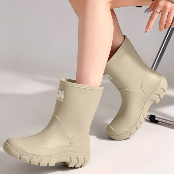 Drawstring Cuff Non Slip Mid Calf PVC Rain Boots for Women Waterproof PVC Ankle Rain Boots Non Heel Gardening Shoes Women's Matte Waterproof Flat Rubber Wellies Outdoor Farm Working Rain Footwear