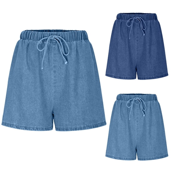 Drawstring Denim Shorts for Women Washed Pull on Elastic Waist Jean Shorts with Pockets for Casual Summer Daily Wear, Light Blue xxl