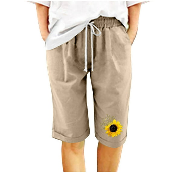 Drawstring Elastic High Waist Bermuda Shorts for Women Floral Print Cotton Linen Capri Shorts Plus Size with Pocket Khaki,M