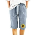 thumbnail image 1 of Drawstring Elastic High Waist Bermuda Shorts for Women Floral Print Cotton Linen Capri Shorts Plus Size with Pocket Light Blue,S, 1 of 5