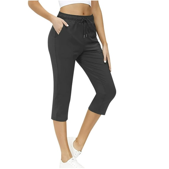 Drawstring Elastic Waist Capri Leggings for Women, Summer Solid Comfy Stretch Cropped Leg Pants with Pockets Sport Shorts Pants(L,Dark Gray)