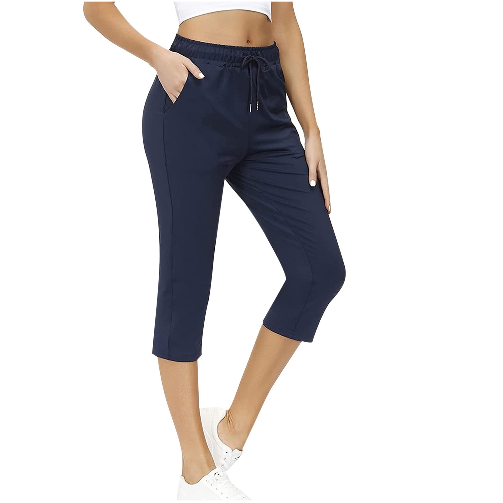 Drawstring Elastic Waist Capri Leggings for Women, Summer Solid Comfy  Stretch Cropped Leg Pants with Pockets Sport Shorts Pants(XL,Navy) 
