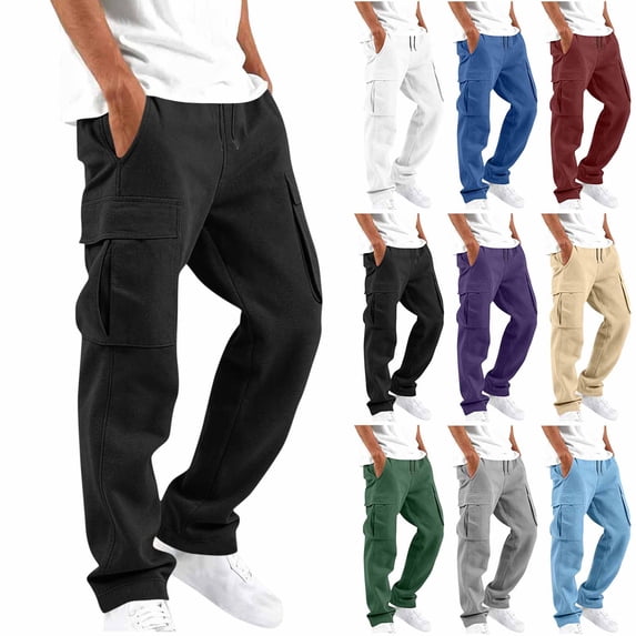 Drawstring Elastic Waist Cargo Sweatpants for Men Relaxed Fit Straight Leg Pants with Multi Pockets,Loose Casual Trousers for Daily Home Loungewear