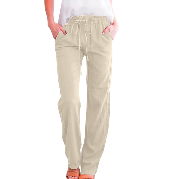 Drawstring Elastic Waist Casual Wide Leg Trousers with Pockets for Womens Cotton Linen Palazzo Pants