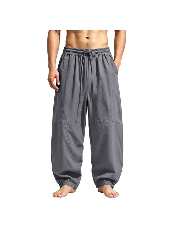 Drawstring Elastic Waist Loose Linen Harem Pants for men, Solid Breathable Chinese Style Casual Long Trousers