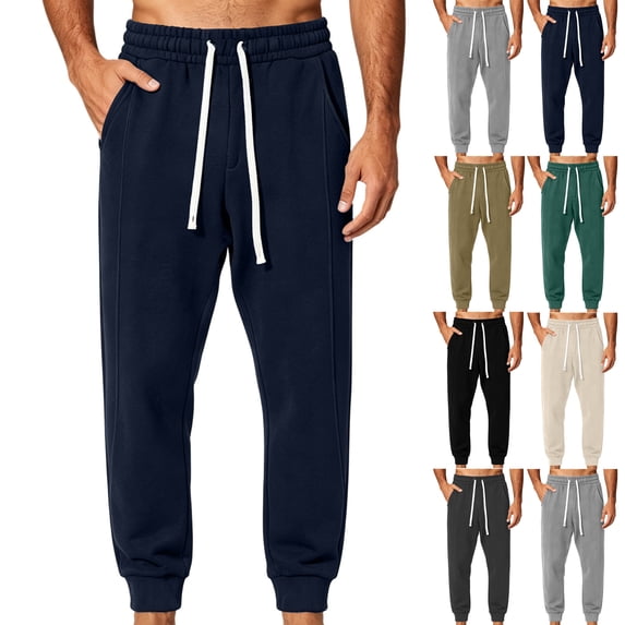 Drawstring Elastic Waist Sweatpants for Men Tapered Casual Jogger Pockets Pants with Ribbed Cuffs for Home Loungewear