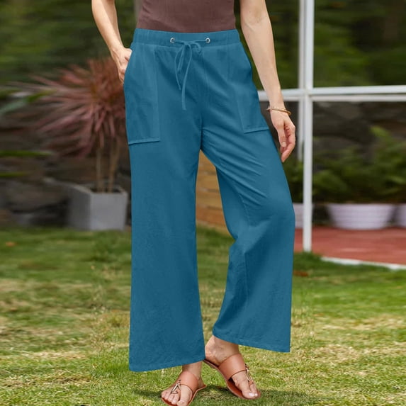 Drawstring Elastic Waist Wide Leg Trousers Womens Summer Linen Ankle Length Pants with Pockets for Beach Vacation Sky Blue S