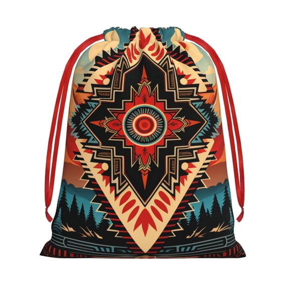 Drawstring Gift Bag, Reusable Soft Pouch Holiday Pouch for Party Favors Birthday Christmas, Aztec Baja Southwest Western Native Cool