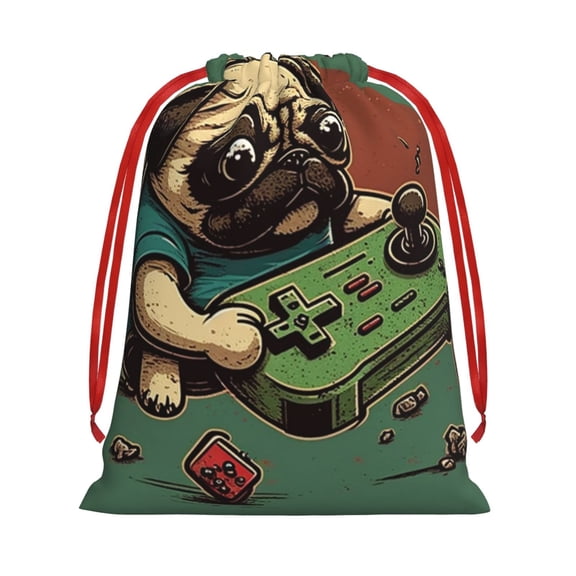 Drawstring Gift Bag, Reusable Soft Pouch Holiday Pouch for Party Favors Birthday Christmas, Funny Pug Play Games Retro