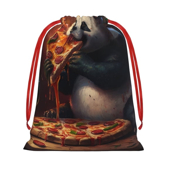 Drawstring Gift Bag, Reusable Soft Pouch Holiday Pouch for Party Favors Birthday Christmas, Panda Pizza Loves Funny