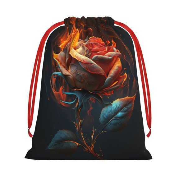 Drawstring Gift Bag, Reusable Soft Pouch Holiday Pouch for Party Favors Birthday Christmas, Rose On Fire Burning Flaming
