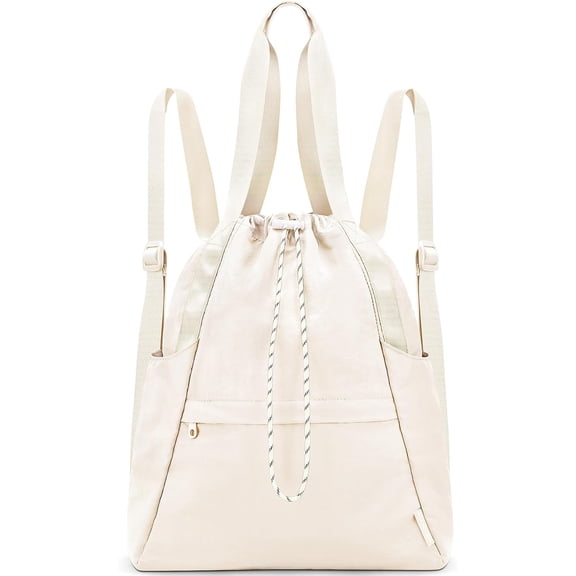 Drawstring Gym Backpack with Wet Pocket, Gym Bag for Women Men, Water Resistant Travel Tote Bags for Women, Drawstring Sports Bag for Beach Swim Travel Workout, Beige