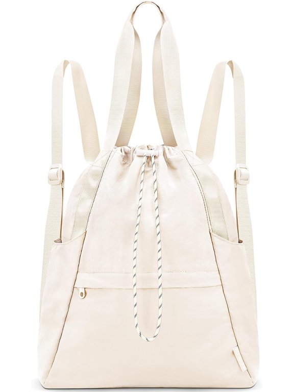 Drawstring Gym Backpack with Wet Pocket, Gym Bag for Women Men, Water Resistant Travel Tote Bags for Women, Drawstring Sports Bag for Beach Swim Travel Workout, Beige