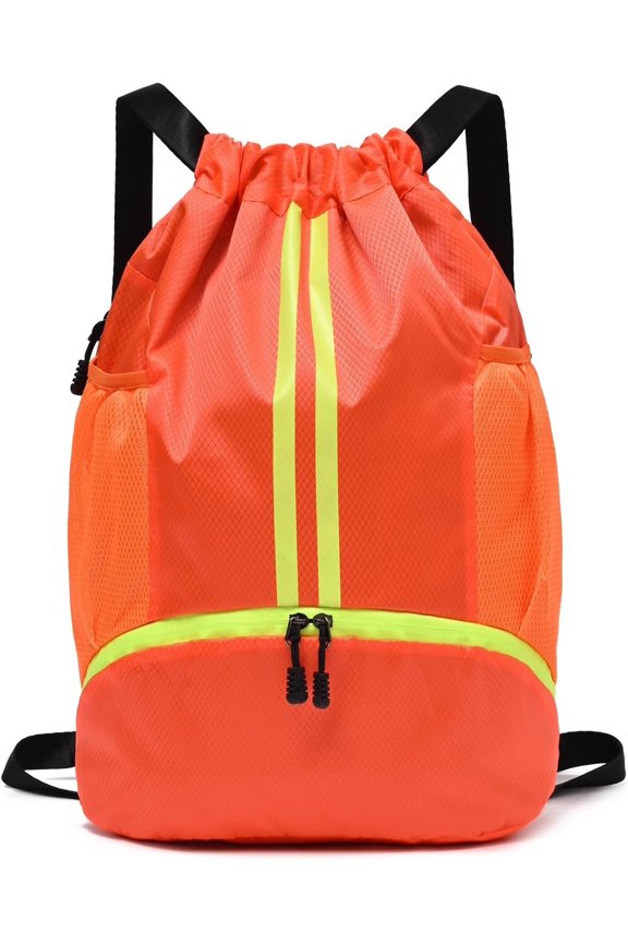 Drawstring Gym Bag for Men, Drawstring Backpack for Women, Swim with Shoes Compartment, Pull String Bag for Soccer and Basketball. (Orange)