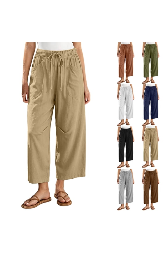 Drawstring Harem Cropped Pants for Women Elastic High Waist Loose Ankle Trousers Lightweight Pull-On Casual Pant