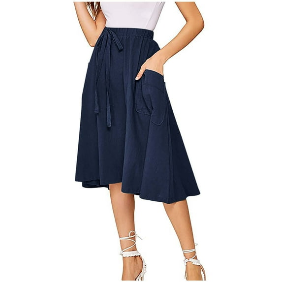 Drawstring High Waist Skirts for Women Baggy Solid High Low Hem Casual Loose Knee Length Skirts with Pockets Dark Blue,S