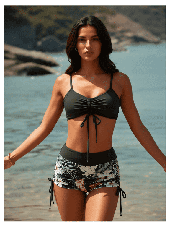 Drawstring High Waisted Bikini Set Srting Swimsuit Spaghetti Strap Cami Top and Tie Side Shorts 2 Piece