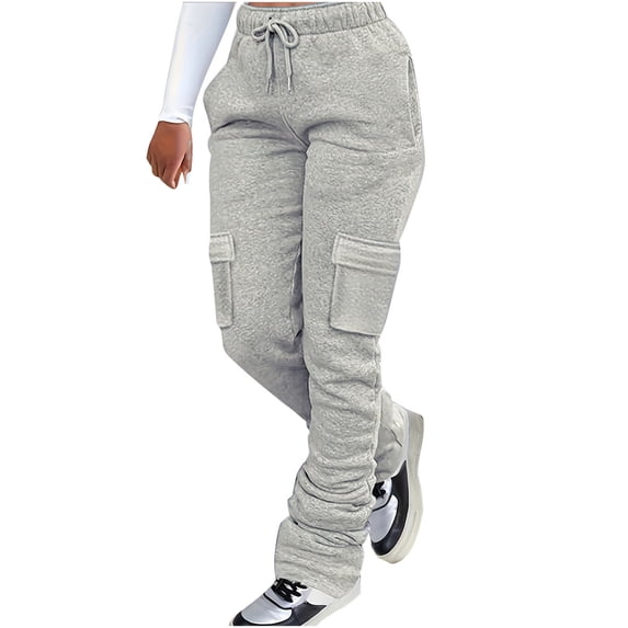 Drawstring High Waisted Lounge Pants for Women Gray Casual Workout Sweatpants Comfy Fall Winter Trousers with Pockets 2024