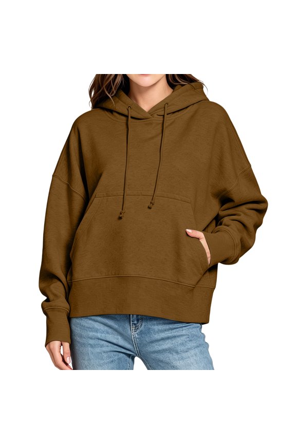 Drawstring Hood Front Kangaroo Pocket Drop Shoulder Rib Cuff Cropped Oversized Solid Pullover Hoodie for Women Spring Fall Daily Casual Tops