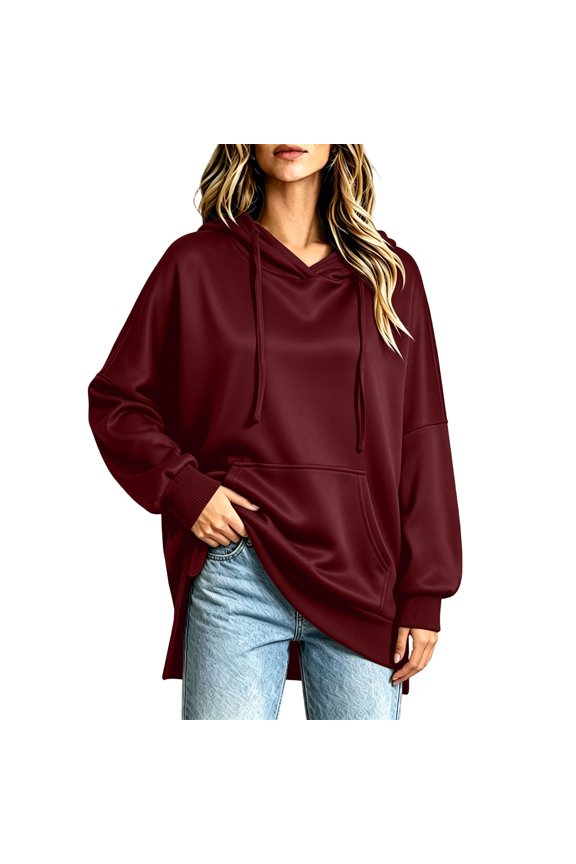 Drawstring Hood Front Kangaroo Pocket Dual Side Slit Drop Shoulder Oversized Long Pullover Hoodie for Women Spring Fall Casual Daily Tops
