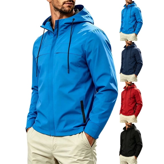 Drawstring Hooded Jacket for Men,Full Zip Lightweight Windproof Waterproof Outdoor Casual Rain Coat with Zipper Pockets