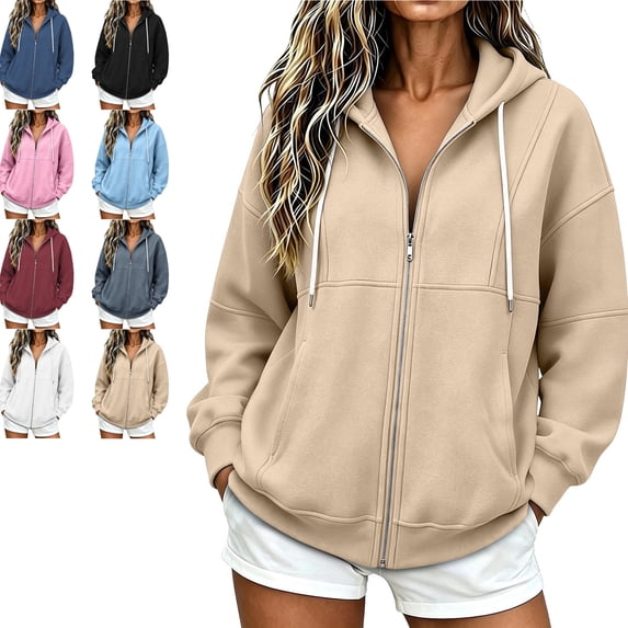 Drawstring Hoodies Women Zip Up Long Sleeves Hooded Oversized Sweatshirt Fleece Jackets Spring Fall Office Business Work Coats with Pockets