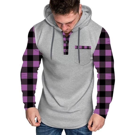 Drawstring Hoodies for Men Fitted Plaid Patchwork Fall Winter Trendy Hooded Sweatshirts with Pocket Buttons (3XL, Purple)