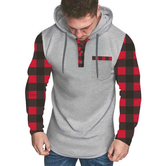 Drawstring Hoodies for Men Fitted Plaid Patchwork Fall Winter Trendy Hooded Sweatshirts with Pocket Buttons (XL, Red)