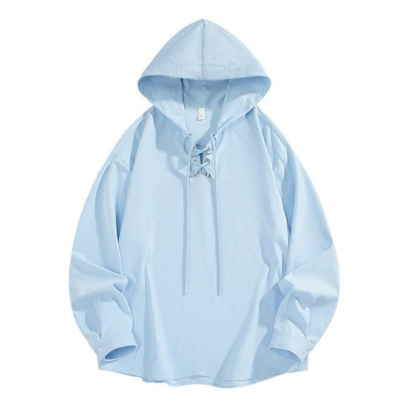 Drawstring Hoodies for Men Front Criss Cross Loose Casual Hooded Sweatshirt Plain Pullover Tops Fall Winter Spring (XL, Light Blue)