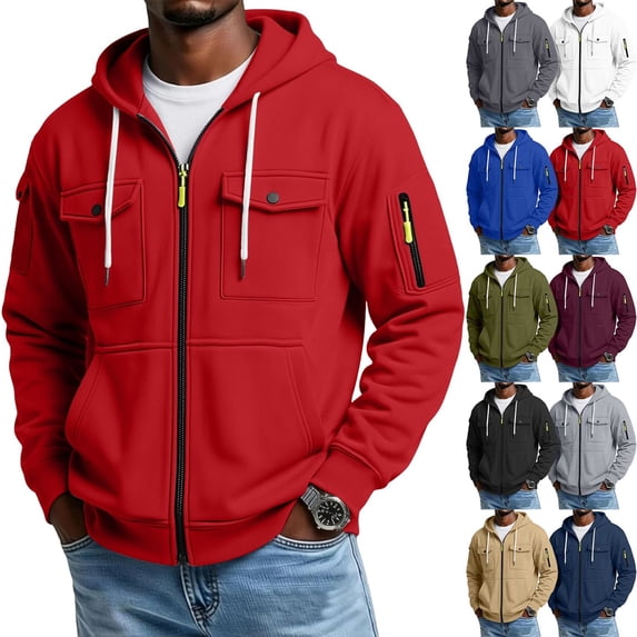 Drawstring Hoodies for Men,Full Zip Multi Pocket Cargo Hoodie,Long Sleeve Solid Color Sweatshirt for Outdoor Hiking Trips