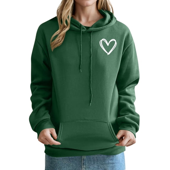 Drawstring Hoodies for Women with Pocket Love Heart Printed Sweatshirt Top Casual Loose Valentines Day Outfit Gift (XL, Army Green)