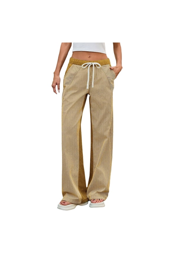 Drawstring Jeans Women, Comdrip Women's Street Style Striped Wide Leg Casual Loose Color Blocked Straight Leg Hanging Jeans Jeans for Women Trendy Yellow L
